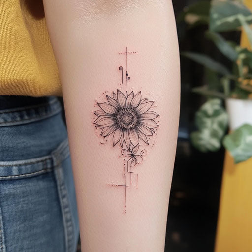 Sunflower tattoo with angular lines and mechanical touch