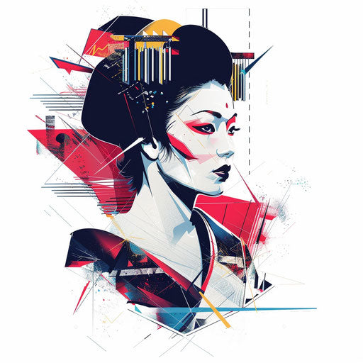 Geometric style geisha tattoo illustration with abstract shapes and bright, contrasting colors on a white canvas.