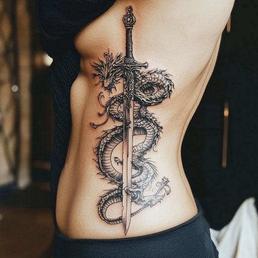 Rib tattoos for women with dragon wrapped around sword