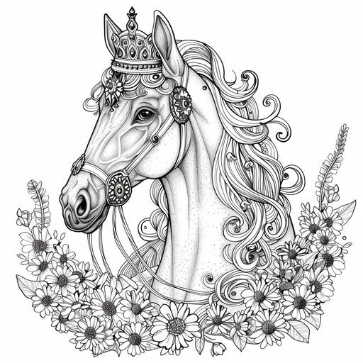 A whimsical horse crowned and adorned with flowers