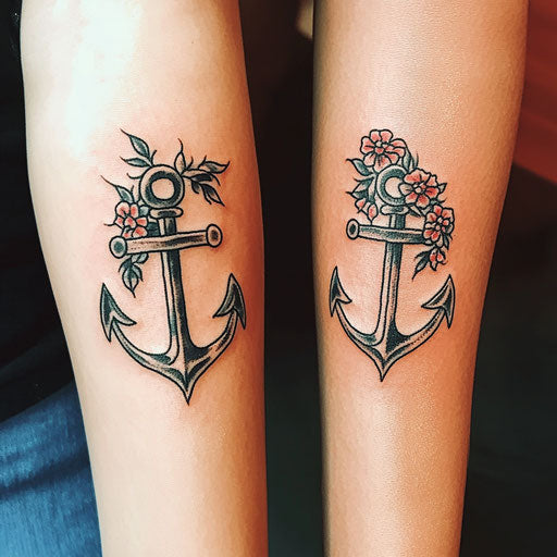Mother daughter tattoos with matching anchors, Sailor style