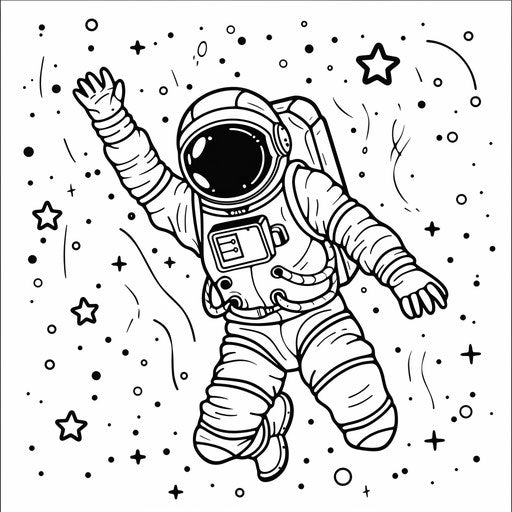 Astronaut floating among the stars, coloring book page
