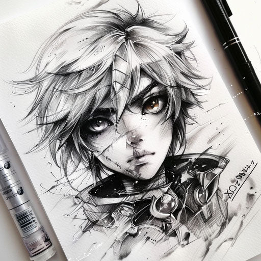 Anime-inspired tattoo sketch of a young knight with oversized eyes and dramatic coloring