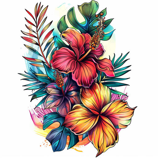 Vivid tropical floral tattoo design on white surface