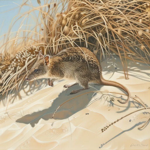 Northern brown bandicoot on sandy dune with swaying coastal vegetation