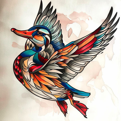 Flying duck with bold outlines and bright colors
