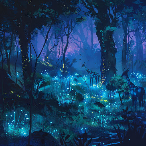 Ethereal forest with bioluminescent plants and glowing gazelles
