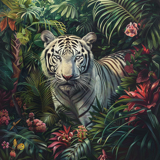 The vibrant life around a white tiger in a tropical forest