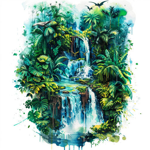 Hidden waterfall in lush forest, tropical water tattoo design