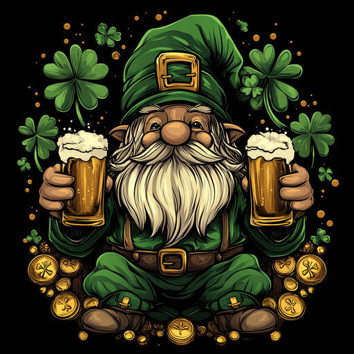 St. Patrick's Day gnome holding two mugs of beer