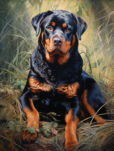 Rottweiler dog sitting in grass