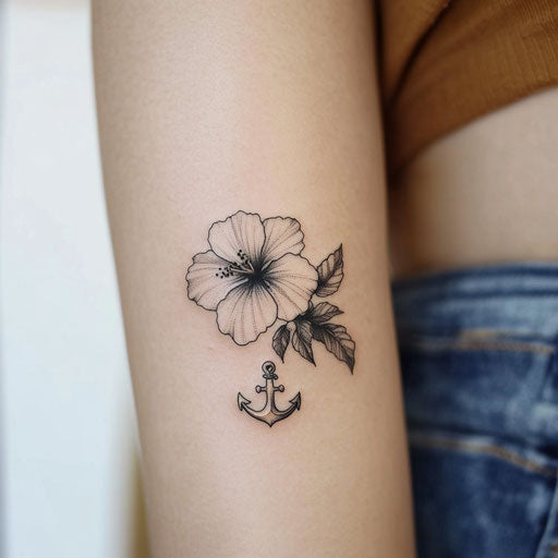 Small flower tattoos with an anchor and hibiscus flower