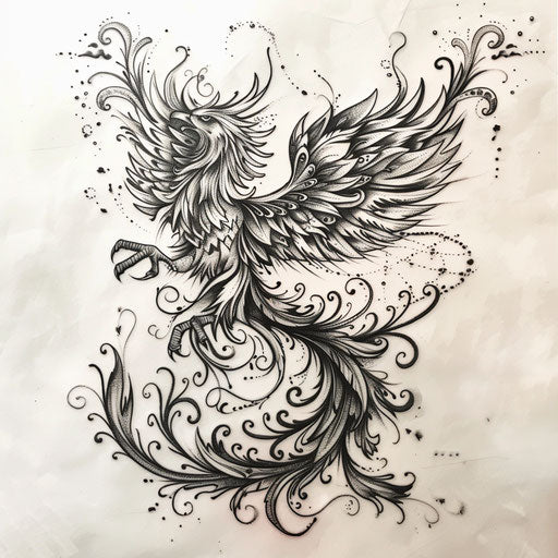 Blackwork Tattoo with Majestic Phoenix on White Paper