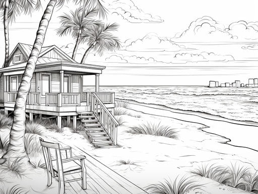 Beach coloring pages in black and white cartoon style