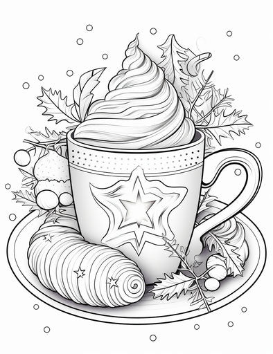 Winter coloring page with mug with coffee or tea with sprinklings
