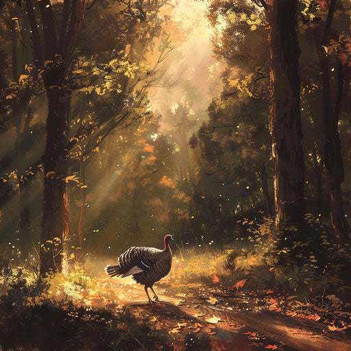 Wild turkey strutting in a sunlit clearing