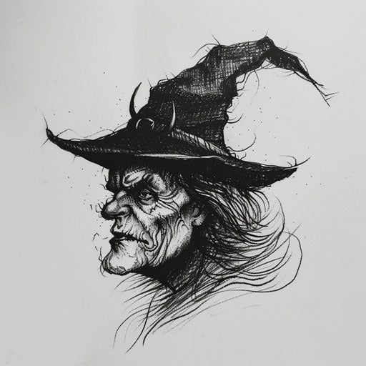 Spooky tattoo sketch of an old witch's face with a pointed hat