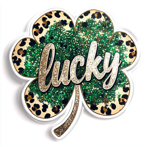 Emerald green clover with leopard print, glitter, and gold on white background