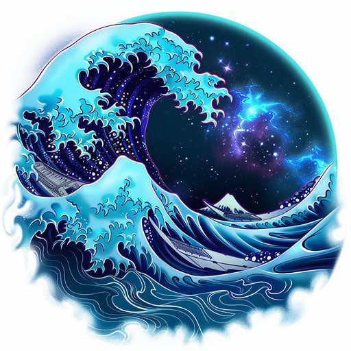 Clipart style tattoo sketch of a Japanese wave with a cosmic theme