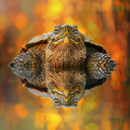 A snapping turtle peacefully floating in a reflective pond