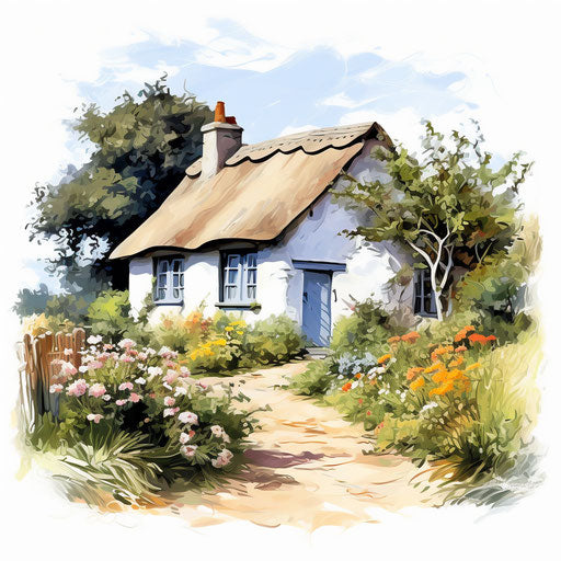 Cottage clipart in the style of Impressionistic Art, on white background