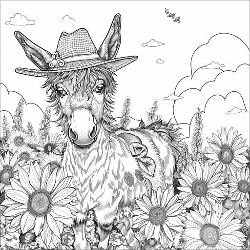 Friendly donkey with a straw hat in a bright whimsical landscape