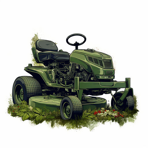 Lawn mower illustration in the style of Chiaroscuro Art, on white background