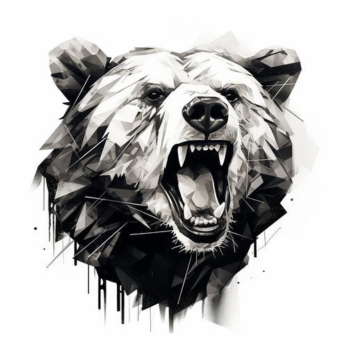 Bear head in black and white drawing, graphic cubist style