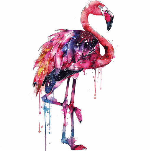 Surreal flamingo tattoo merging with cosmic elements on white