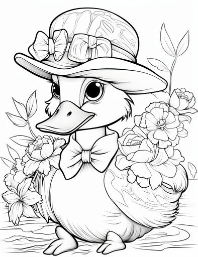 Duck girl with hat and bow, coloring pages