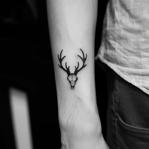 Minimalist black deer skull tattoo, striking and simple, on white