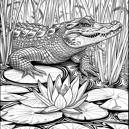 Alligator swimming in swamp with lily pads and reeds