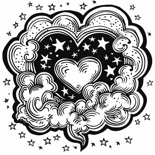 Heart-shaped cloud and stars in a coloring book