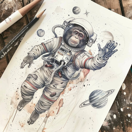 Monkey astronaut floating in space, cosmic-themed tattoo with stars and planets on white paper