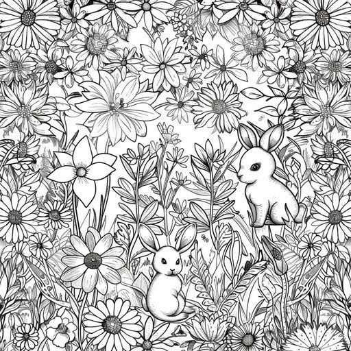 Intricate floral garden with cartoon animals in the style of Johanna Basford coloring book