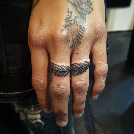 Feather wedding ring tattoo finger palm down design