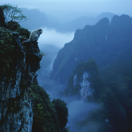 Ethereal view of a Yunnan snub-nosed monkey overlooking misty valleys at dawn