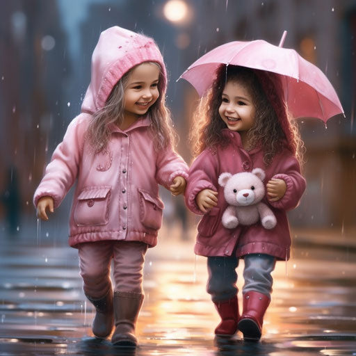Two pretty girls holding hands in the rain