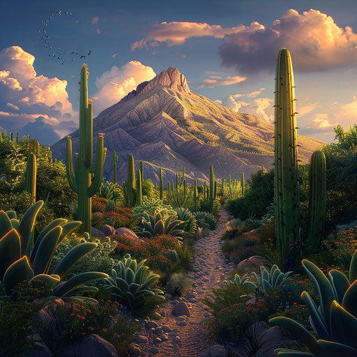 Path through dense cactus forest to distant mountain lit by last sunlight rays