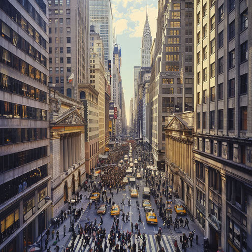 Busy financial district with skyscrapers and bustling streets