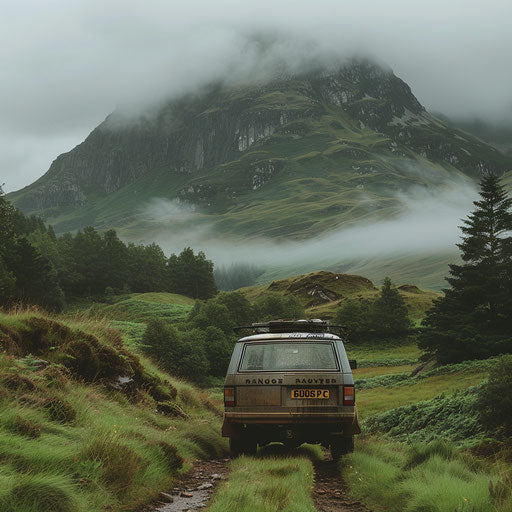 Vintage 1980 Range Rover crossing lush Scottish Highlands
