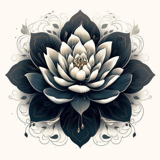 Lotus flower in black and white, folk-inspired illustration style