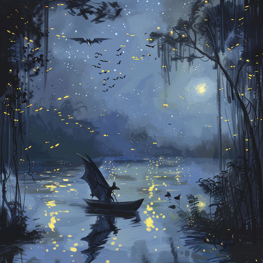Bat in a small boat on a moonlit pond