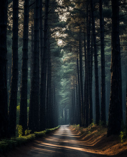 Pine tree-lined road in idyllic setting, macabre romanticism