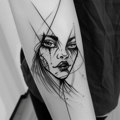High contrast monochrome sketch of a neda tattoo with shading