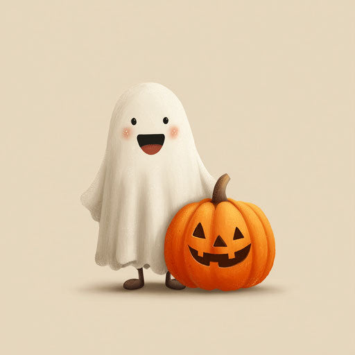 A cheerful ghost with a classic jack-o'-lantern