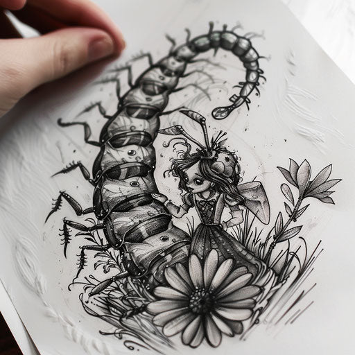 Alice and the Caterpillar meeting in an illustrative tattoo