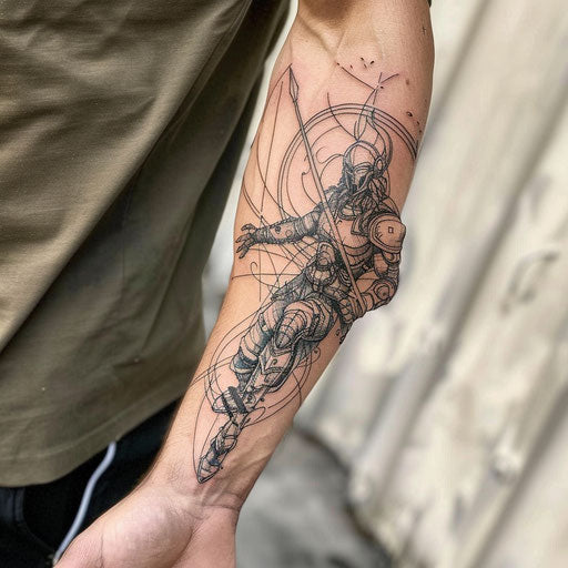 Forearm tattoo with cosmic warrior