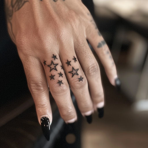 Finger tattoos for women in the style of Ami James featuring minimalist stars