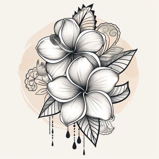 Elegant flat tattoo sketch of plumeria with lace patterns